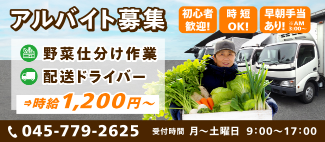 野菜仕分け作業、配送ドライバーのアルバイト募集　初心者歓迎！時短OK！早朝手当（AM3:00～）あり！　時給1,200円～