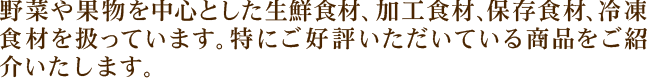 野菜や果物を中心とした生鮮食材、加工食材、保存食材、冷凍食材を扱っています。特にご好評いただいている商品をご紹介いたします。